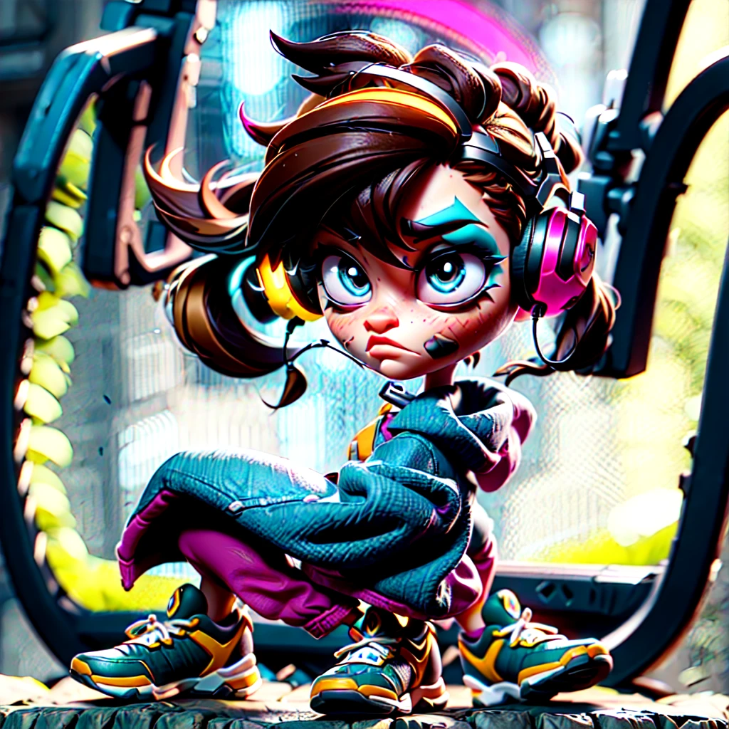 4️⃣ A chibi style figure of Tracer from Overwatch, wearing oversized headphones and athletic shorts with the game's logo on them. She has brown hair in an updo hairstyle and is looking to her right side at something off camera. The background color should be a soft teal gradient. Her shoes have grey soles that cover part or all of her legs, they also feature the iconic "S" mark from Overwatch. In place of one hand she holds large blue earphones in the style of Overwatch. --ar 9:16