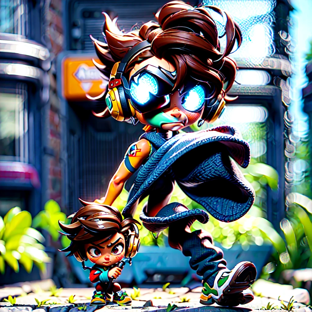 4️⃣ A chibi style figure of Tracer from Overwatch, wearing oversized headphones and athletic shorts with the game's logo on them. She has brown hair in an updo hairstyle and is looking to her right side at something off camera. The background color should be a soft teal gradient. Her shoes have grey soles that cover part or all of her legs, they also feature the iconic "S" mark from Overwatch. In place of one hand she holds large blue earphones in the style of Overwatch. --ar 9:16