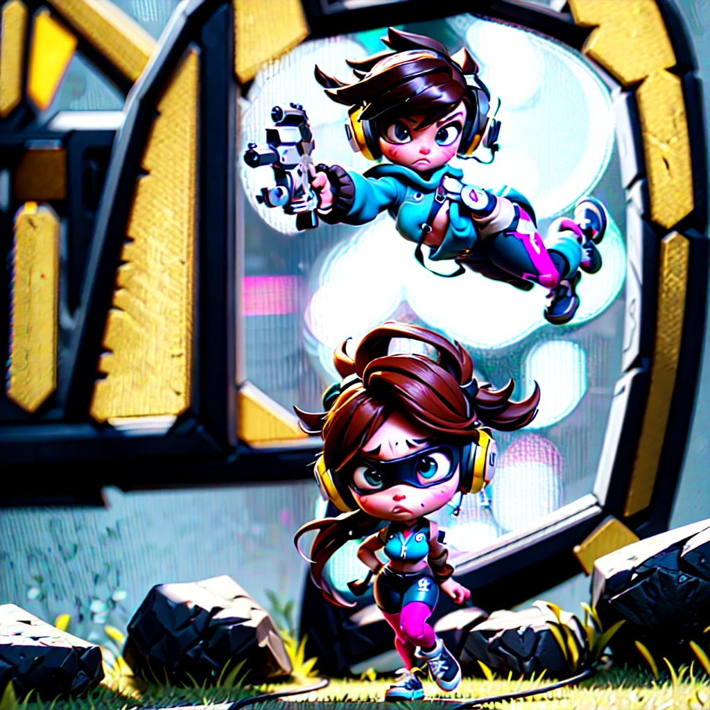 4️⃣ A chibi style figure of Tracer from Overwatch, wearing oversized headphones and athletic shorts with the game's logo on them. She has brown hair in an updo hairstyle and is looking to her right side at something off camera. The background color should be a soft teal gradient. Her shoes have grey soles that cover part or all of her legs, they also feature the iconic "S" mark from Overwatch. In place of one hand she holds large blue earphones in the style of Overwatch. --ar 9:16