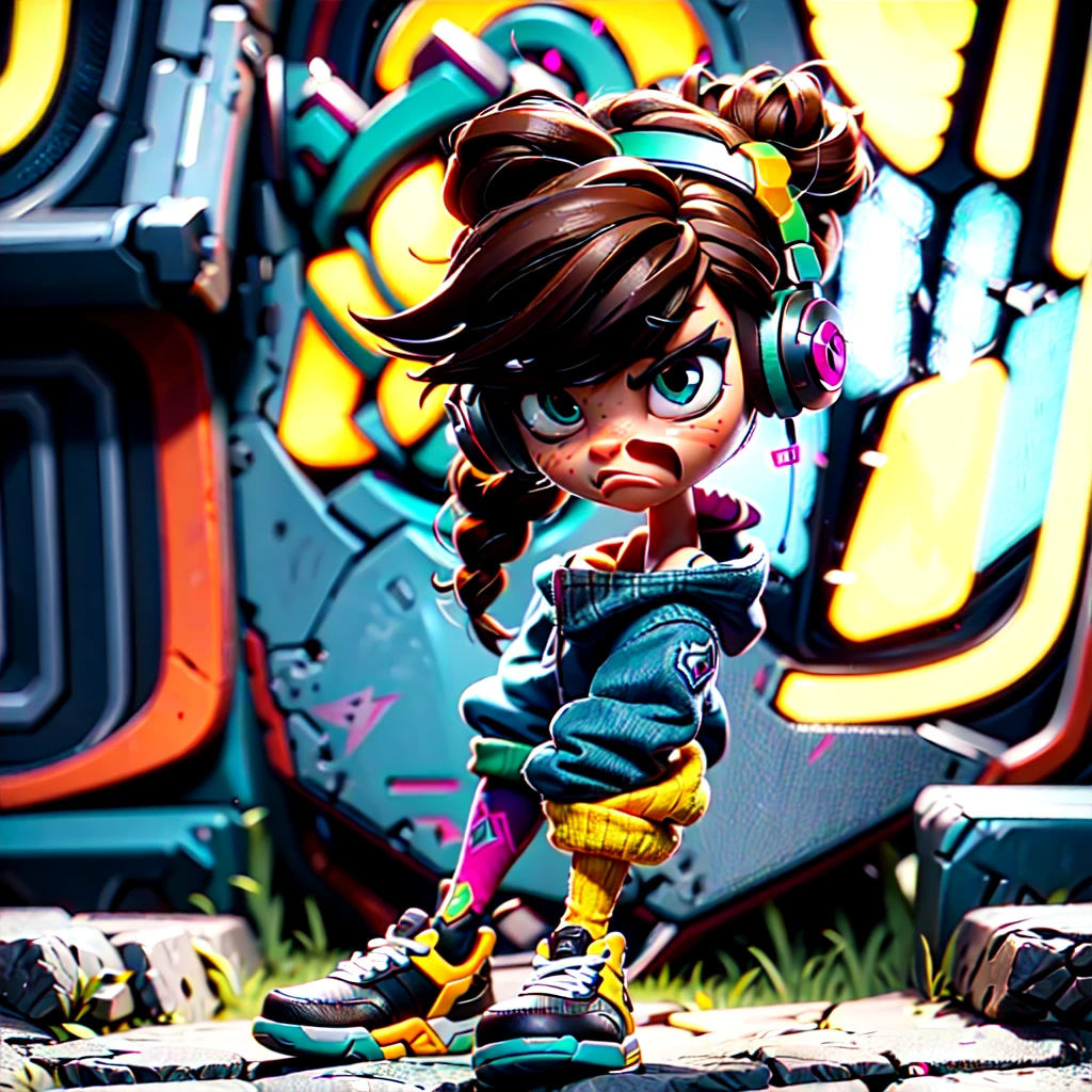 4️⃣ A chibi style figure of Tracer from Overwatch, wearing oversized headphones and athletic shorts with the game's logo on them. She has brown hair in an updo hairstyle and is looking to her right side at something off camera. The background color should be a soft teal gradient. Her shoes have grey soles that cover part or all of her legs, they also feature the iconic "S" mark from Overwatch. In place of one hand she holds large blue earphones in the style of Overwatch. --ar 9:16