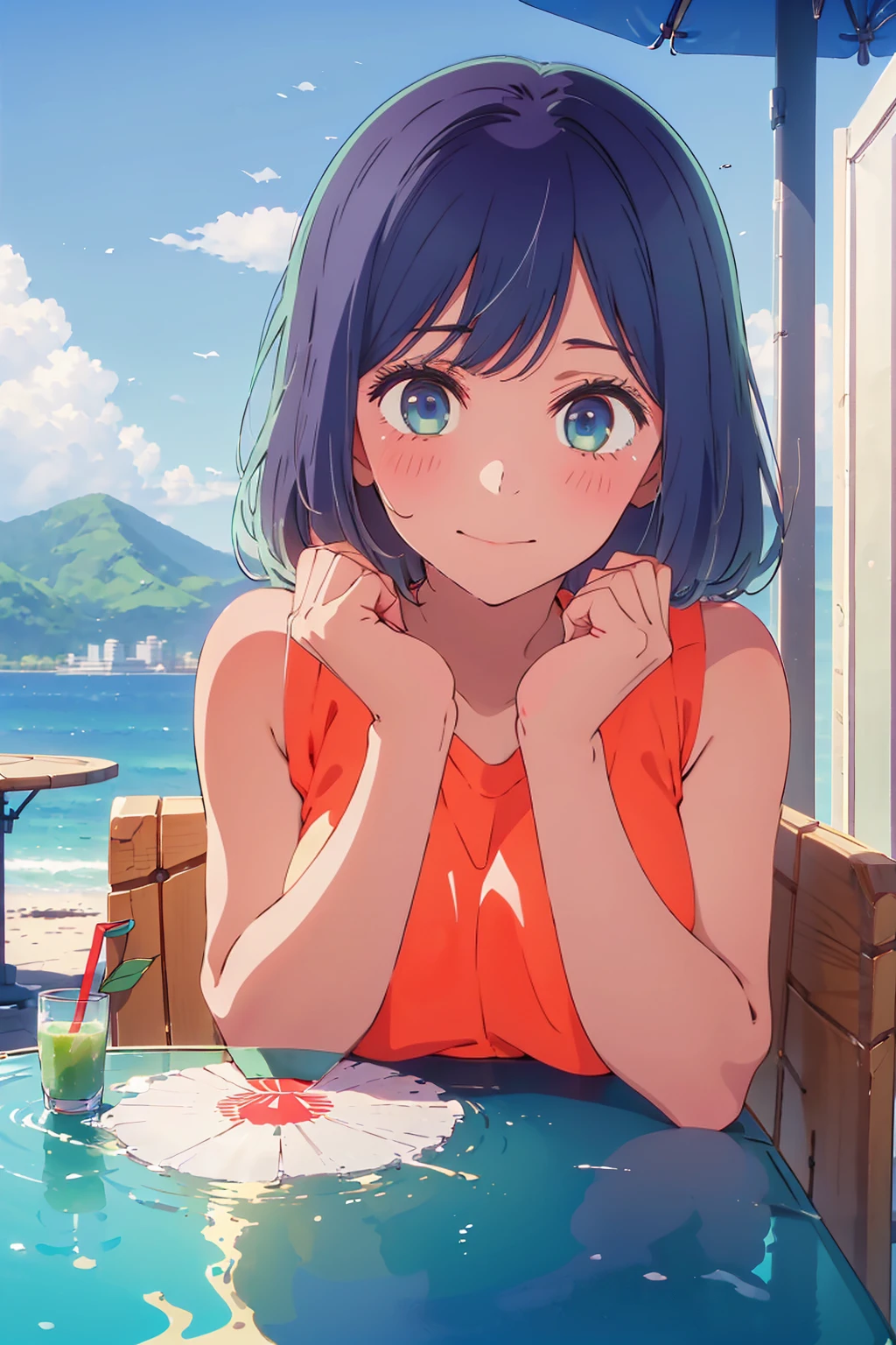 (Highest quality:1.4、8K:1.4、detailed)、F cup bust、Big Breasts、Slim body、Very white beautiful skin、((((1 person、Surprised expression、sit、Chair、In the background are the urban buildings of Tokyo、looking at the camera、Outdoor café terrace、coastal、Navy hair color、juice、Shooting up close、table、Very cute face))))、((((nude))))、(Touching cheeks with both hands pose:1.4)、Very blue sky、A completely cloudless sky