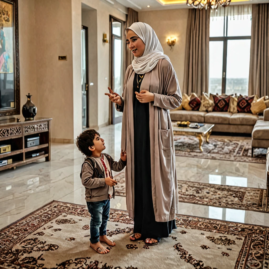 Kurdish girl Fatıma Kareem in hijab talking with a her son in luxury house view from side 