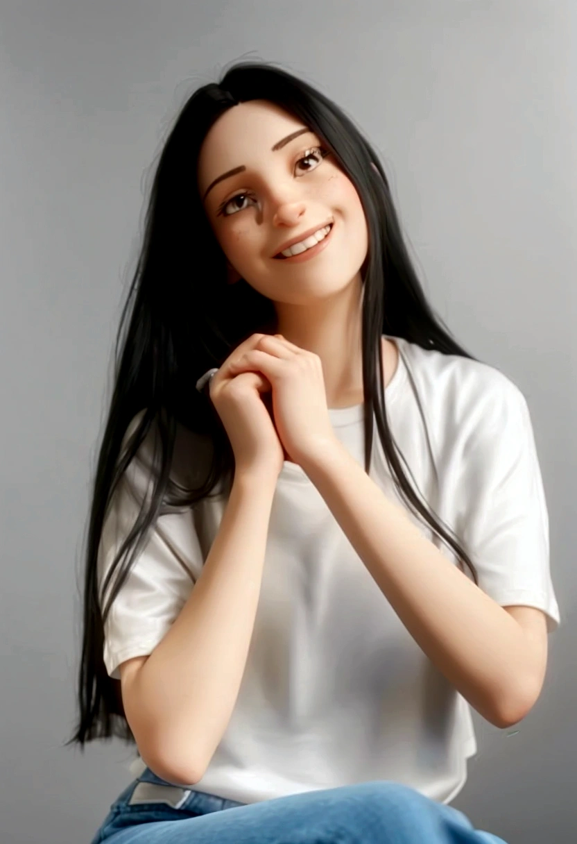 a close-up of a woman sitting on a stool with her hands clasped, woman with long black hair, young man with long dark hair, mulher with black hair,  with black hair, long thin black hair, dressed in a white t-shirt, anna nikonova aka newmilky, anna nikonova, the woman has long dark hair, she is smiling