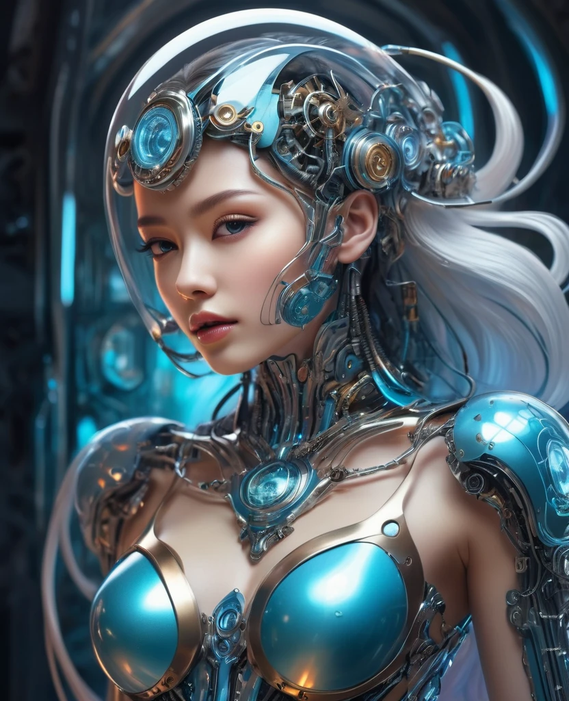 biomechanical style Ultra details illustrations, Magical CreaturesGhosts, (Bright skin: 1.5), (With a translucent body: 1.5) miss. Chip&#39;S Art, neon, light particles, color, cmyk color, backlight, cyberpunk, close up, mechanical, (whole body: 1.9), พื้นหลังcolorเข้ม, Looking from top to bottom. blend of organic and mechanical elements, Futurism, Cybernetics, details, complex,Focus selection, Miniature effect, blurred background, highly details, full of energy, view control,(Rich color:1.6),crab