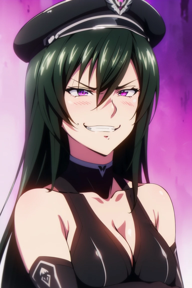 (((grinning lasciviously))), seductive anime girl, (((nefarious smirk))), [[[[grinning evily]]]], beautiful, masterpiece, ultra detailed, extremely detailed, ultra high res, 8k, beautiful detailed face, anime screencap, heart shaped face woman, (black hair:1.2), long hair, hair between eyes, large breasts, fearless face, sharp face, slant eyes, cat eyes, 170cm tall, (((adult))), perfect proportion, (((black high-leg leotard))), (((dare shoulder))), cleavage, (((thigh boots))), choker, (((military cap))), anime style, ultra detailed beautiful face and eyes, front view, raw phot, incredibly absurdres, Beautiful portrait of cute anime girls, super fine illustration, full-hd, hdr, best aesthetic, distinct, exquisite, masterwork, by famous artist, highers, (((perfect anatomy))), mocking, (((rape face))), (((evil grin))), intense eyes, sadistic, gleaming skin, oil skin, slut face, (((full-face blush))), smirking, mischievous grin, furrowed mouth, both legs, pouty lips, downturned corners, rosy hue, grin widely, cheeky smirk, (((bad-tempered glare))), gloating, crazy smile, scary face, cruel smile, fang, connected teeth,, (((elbow gloves))), (((big connected teeth)), glare, grimace, smirk, (((scowling face))), smile broadly, symmetrical eyes, even eyes, perfect eyes, (((squinting eyes))), deep detailed eyes, shiny clothes, 1girl, solo, smug, smile grimly, (((dimpled smile))), pink eyes, (((upper body shot))), (((laugh))), (((pleasure face))), (((brutality face))), (((scary face))), (((empty eyes))), anime best girl, [[[[grinning evily]]]], anime moe artstyle,