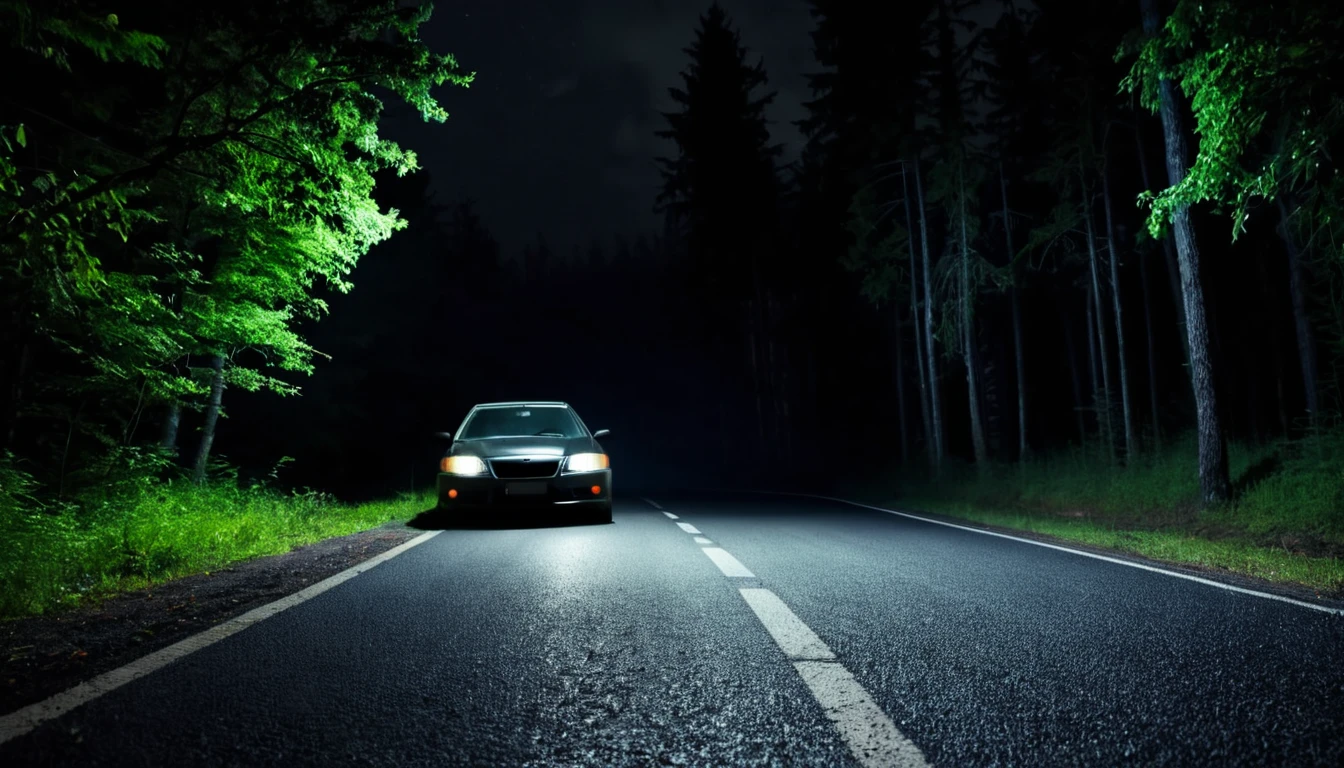 car parked on the edge of the asphalt, road, forest area, environment, dark night, sinister environment