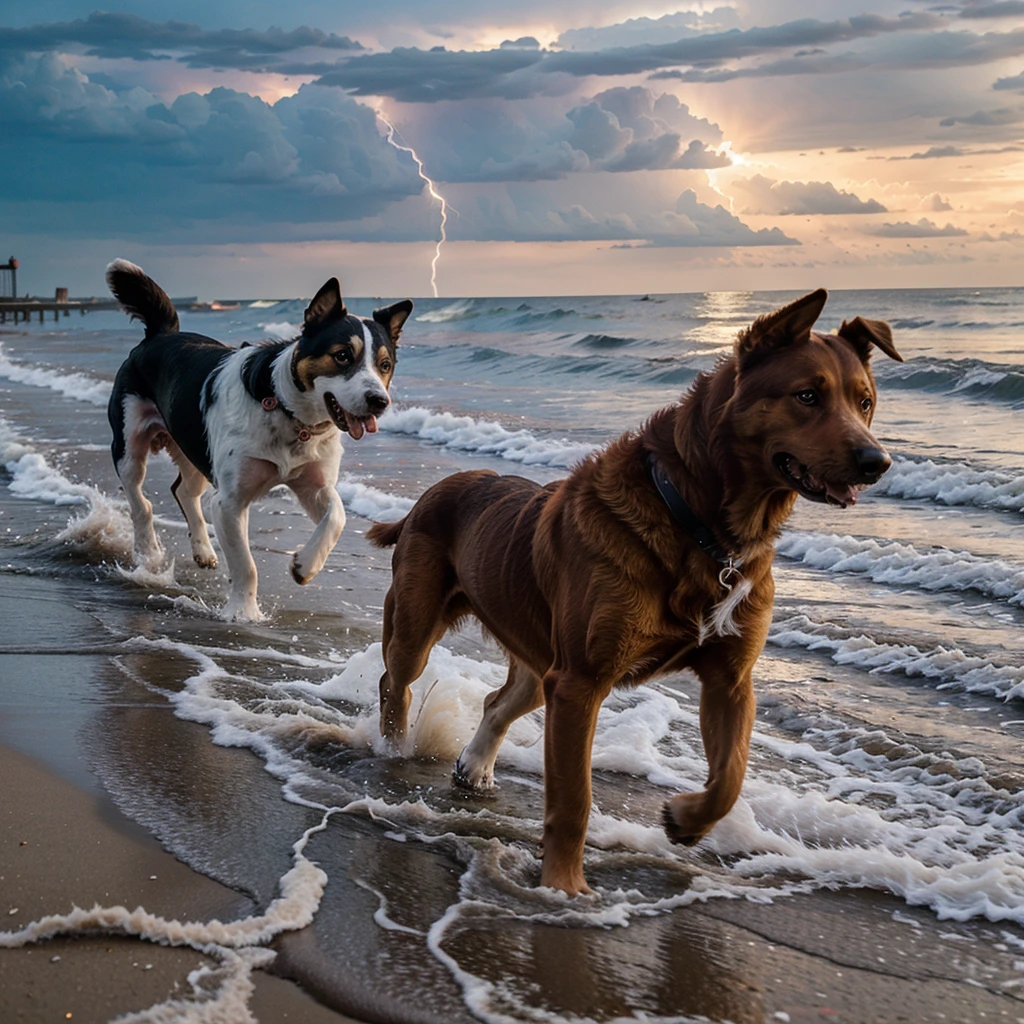 dogs runnig in beach realistc good anatomy deep colors emotional lightning