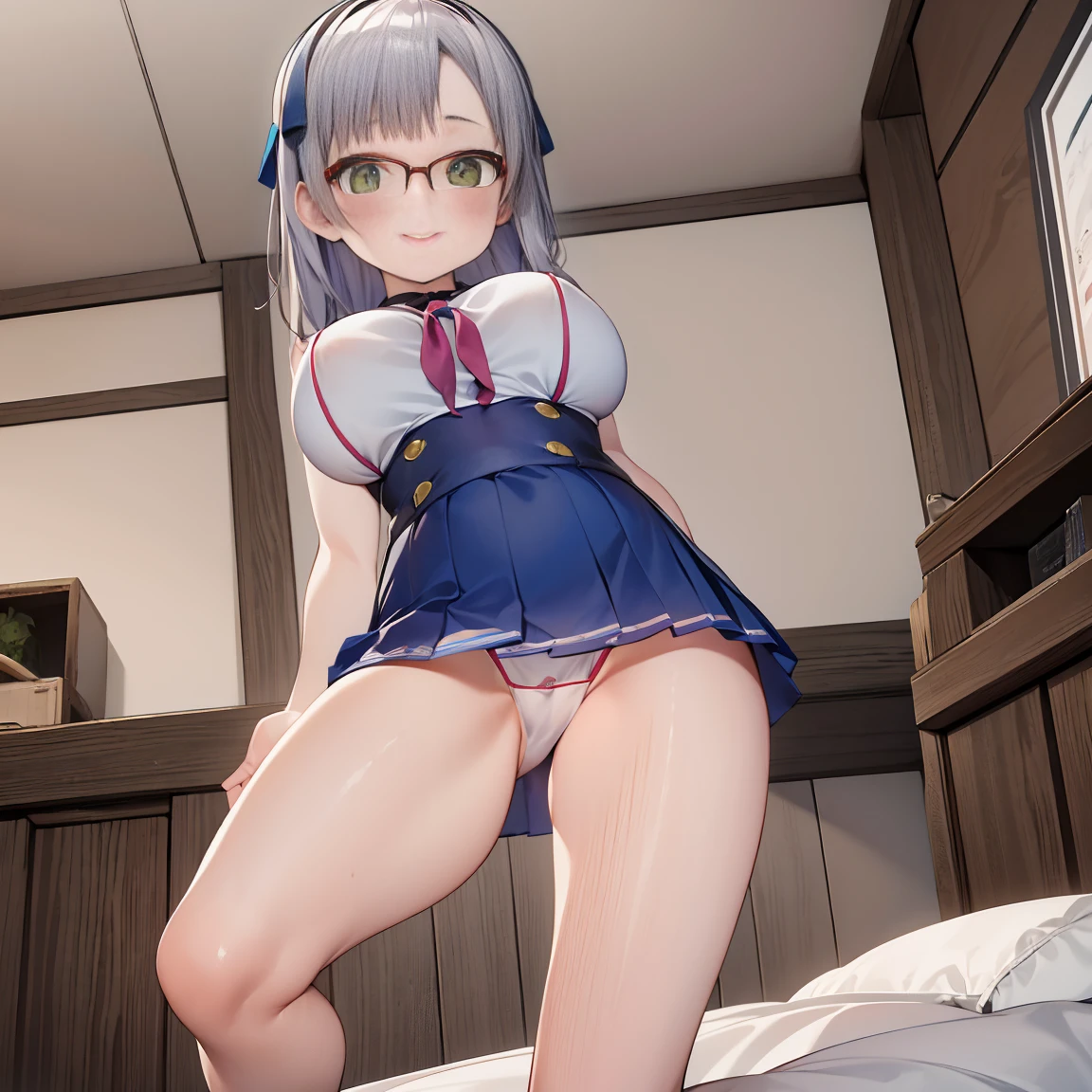 8K、masterpiece、Japanese、Woman wearing glasses、Neon(nod)、from the front、smile、Childish、Big Breasts、See-through underwear、night、Bedroom、Spread your legs and show、mini skirt