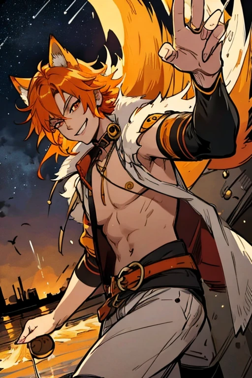 An orange haired fox man with orange eyes and orange fox ears and an orange fox tail in a pirate's outfit is watching the stars on a dock with a big smile