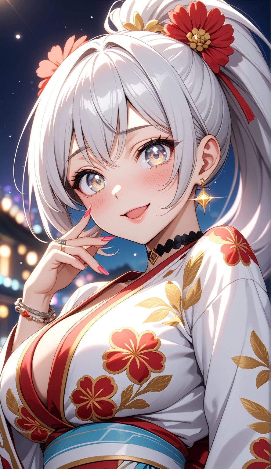 ((One personの女性)), Beautiful Face,Laughing embarrassedly,((Wink:1.9)),Laugh with your mouth wide open((Bright red cheeks:1.4)),Shiny red lips,night,rooftop,Festive decorations,You can see the ocean, firework,Laughing with your mouth open,Glossy pink lips,Facial lighting,((Anime style background)),masterpiece, Highest quality, so beautiful,up to date, Complex details, (Pink long nails),(ring),(bracelet),(choker),AI-generated, Complex,High resolution, Highest quality, super high quality,3D Images、3D Images,One person,Long white hair,High Ponytail,(Pale eyes),Anime woman posing for a photo, ((fine grain、Silvery white colorful eyes、Shining Eyes:1.4)),(Squint your eyes:1.1),a hyperRealistic , hyperRealistic , Realistic,Anime woman with long white hair, Smooth anime CG art, A woman in a colorful kimono with gold embroidery, (Black long sleeve kimono),Red floral pattern,Long flower hair ornament,big floral earrings,Mature Body,(Big Breasts:1.1),expensive,Abdominal muscles,Tight waist,(Zoom up to face:1.7),Shooting from diagonally below