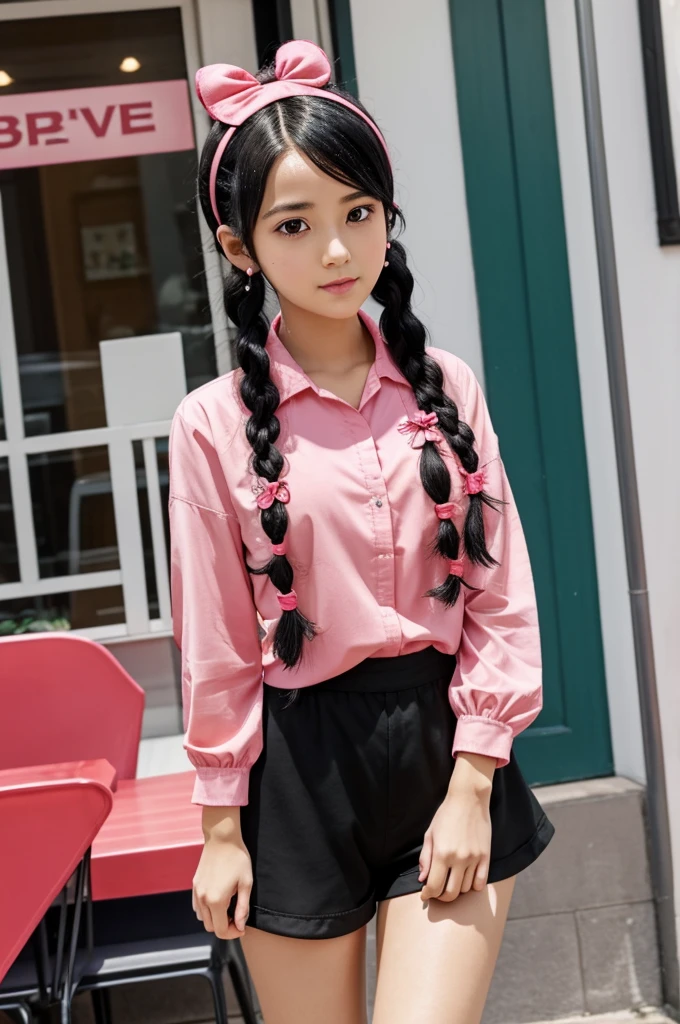 An anime that has black hair with braids that has a strawberry headband with a pink shirt with strawberry details and black shorts and that has long black stockings