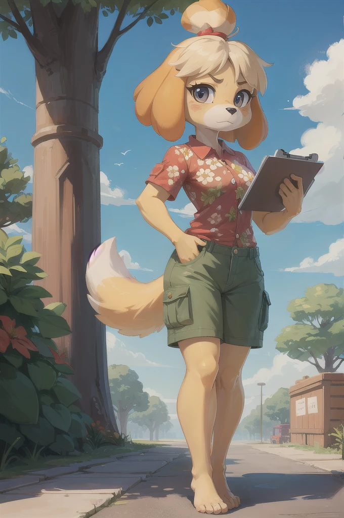 isabelle \(animal crossing\), furry, yellow skin, ((red floral shirt, cargo shorts)), tail, looking at viewer, serious, standing, outside, plaza, holding clipboard, trees, blue sky, high quality, masterpiece, feets with three toes, 3 toes, barefoot, full body,