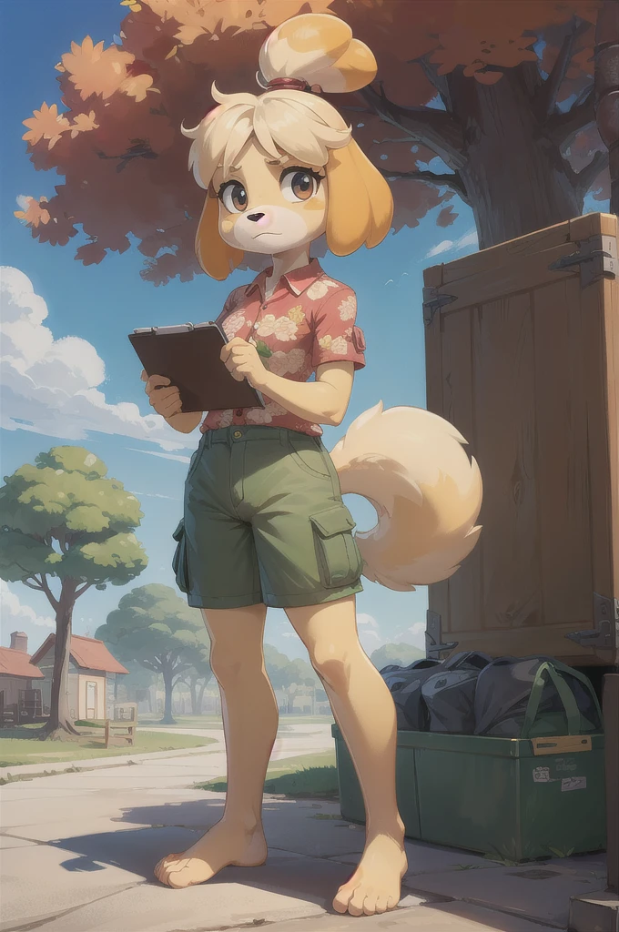 isabelle \(animal crossing\), furry, yellow skin, ((red floral shirt, cargo shorts)), tail, looking at viewer, serious, standing, outside, plaza, holding clipboard, trees, blue sky, high quality, masterpiece, feets with three toes, 3 toes, barefoot, full body, 