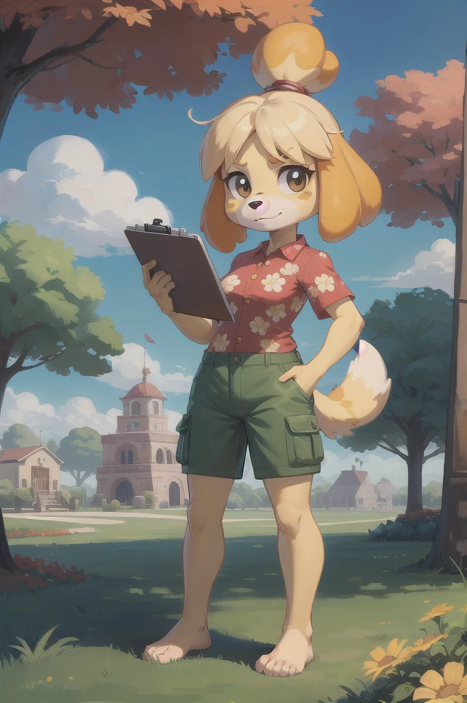 isabelle \(animal crossing\), furry, yellow skin, ((red floral shirt, cargo shorts)), tail, looking at viewer, serious, standing, outside, plaza, holding clipboard, trees, blue sky, high quality, masterpiece, feets with three toes, 3 toes, barefoot, full body,