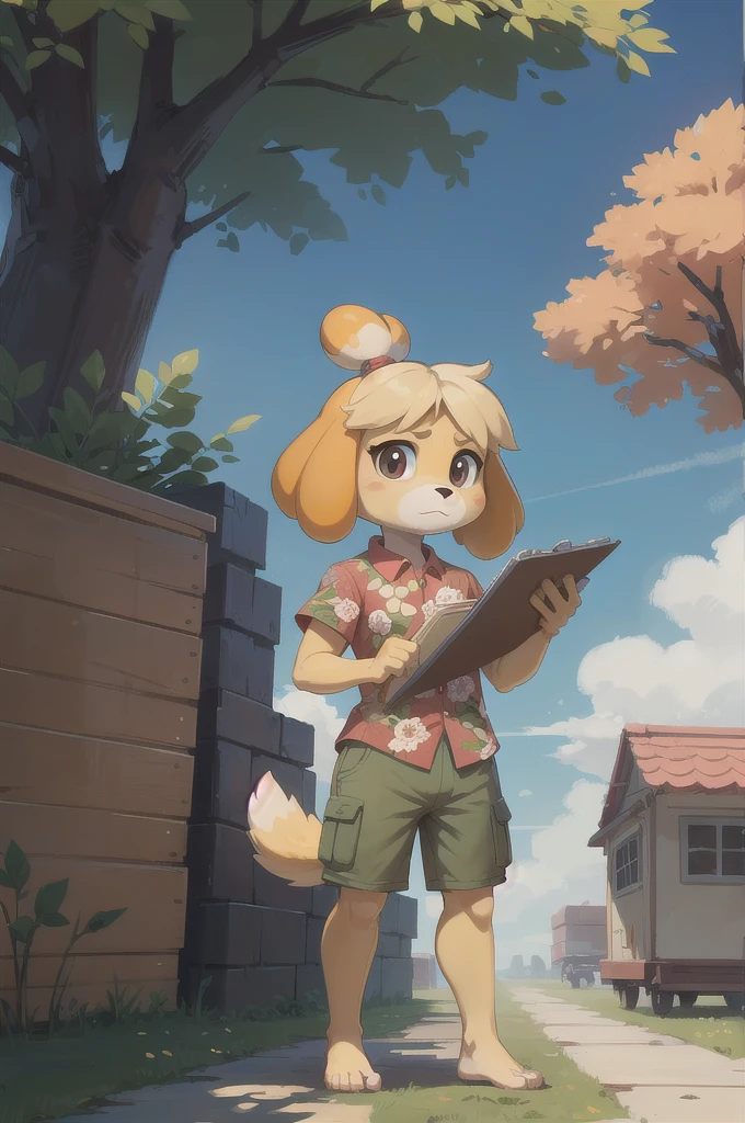 isabelle \(animal crossing\), furry, yellow skin, ((red floral shirt, cargo shorts)), tail, looking at viewer, serious, standing, outside, plaza, holding clipboard, trees, blue sky, high quality, masterpiece, feets with three toes, 3 toes, barefoot, full body, 