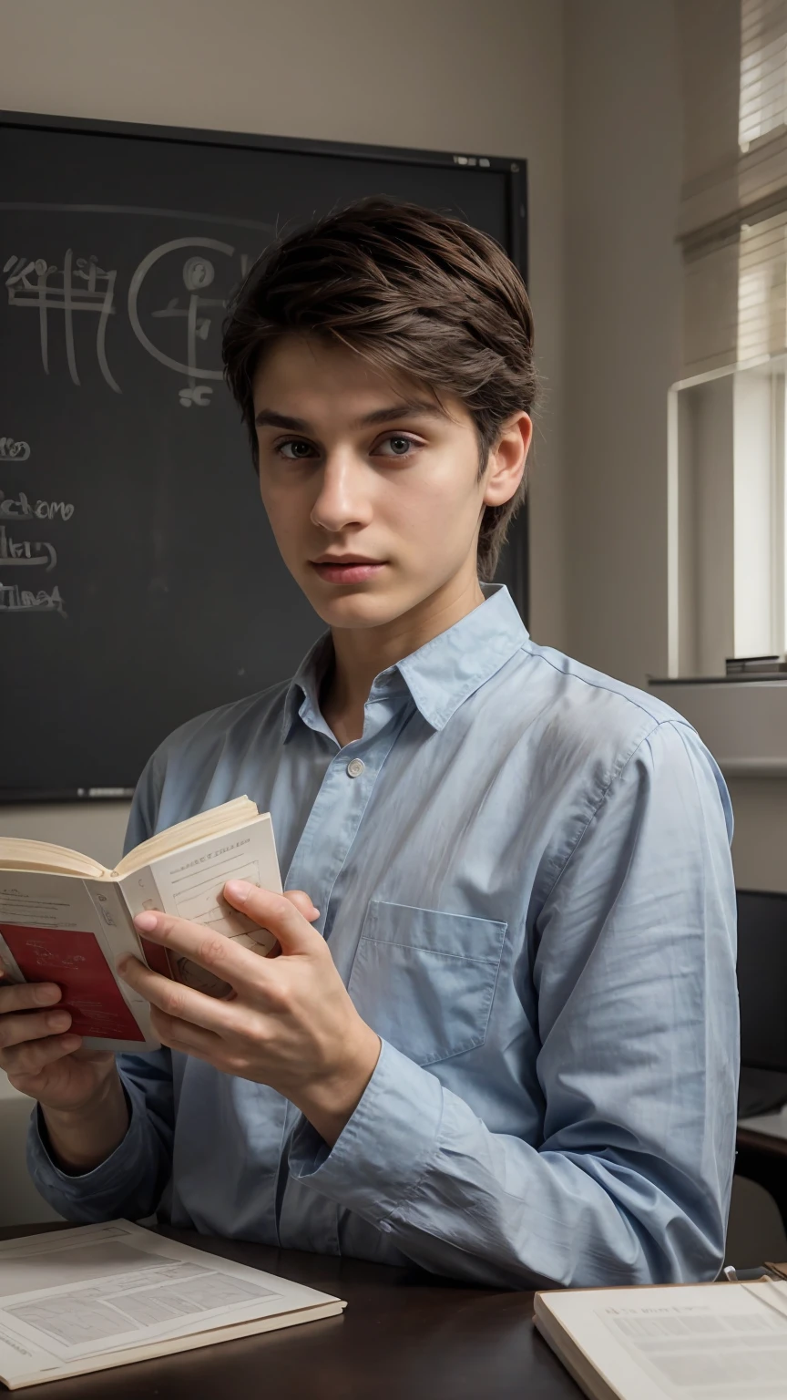 A young male twink, cute, beautiful, soft, with a beautiful face with make-up and blush, and black hair, and his eyes have dark circles under them. He is wearing a long-sleeved aquamarine shirt and white jeans. He is in the Faculty of Medicine, studying on the blackboard with brain anatomy written on it, and on his desk are scientific medical books.  And manuscripts of brain anatomy.