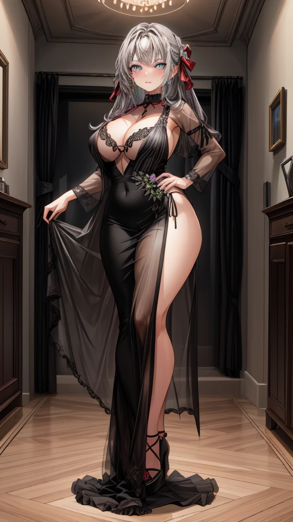 (1girl), (masterpiece), (best quality), ((looking at the viewer)), ((full body)),((facing the viewer)), ((dress that shows off her figure))