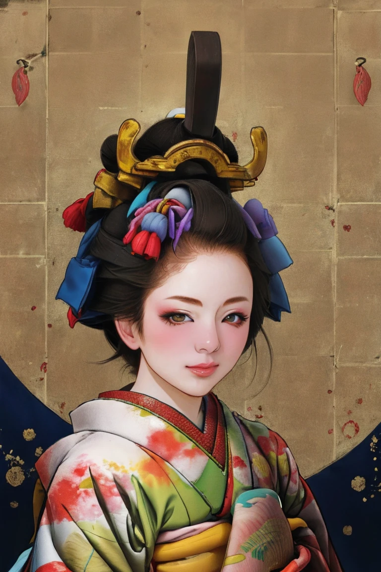 1 Girl, alone, Oiran, Maiko, country, Looking at the audience, short hair, Brown eyes, Brown Hair, Black Hair, hair ornaments, Upper Body, kimono, Blunt bangs, kimono, sash, Compensate, Bob cut hair,