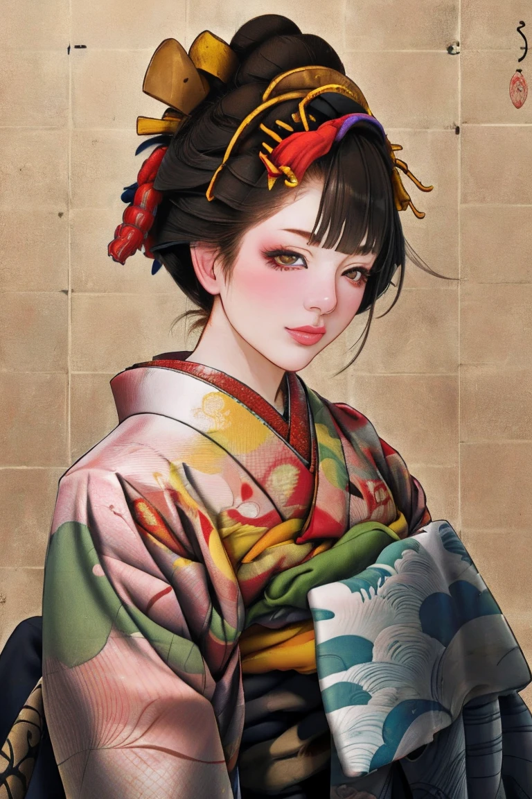 1 Girl, alone, Oiran, Maiko, country, Looking at the audience, short hair, Brown eyes, Brown Hair, Black Hair, hair ornaments, Upper Body, kimono, Blunt bangs, kimono, sash, Compensate, Bob cut hair,