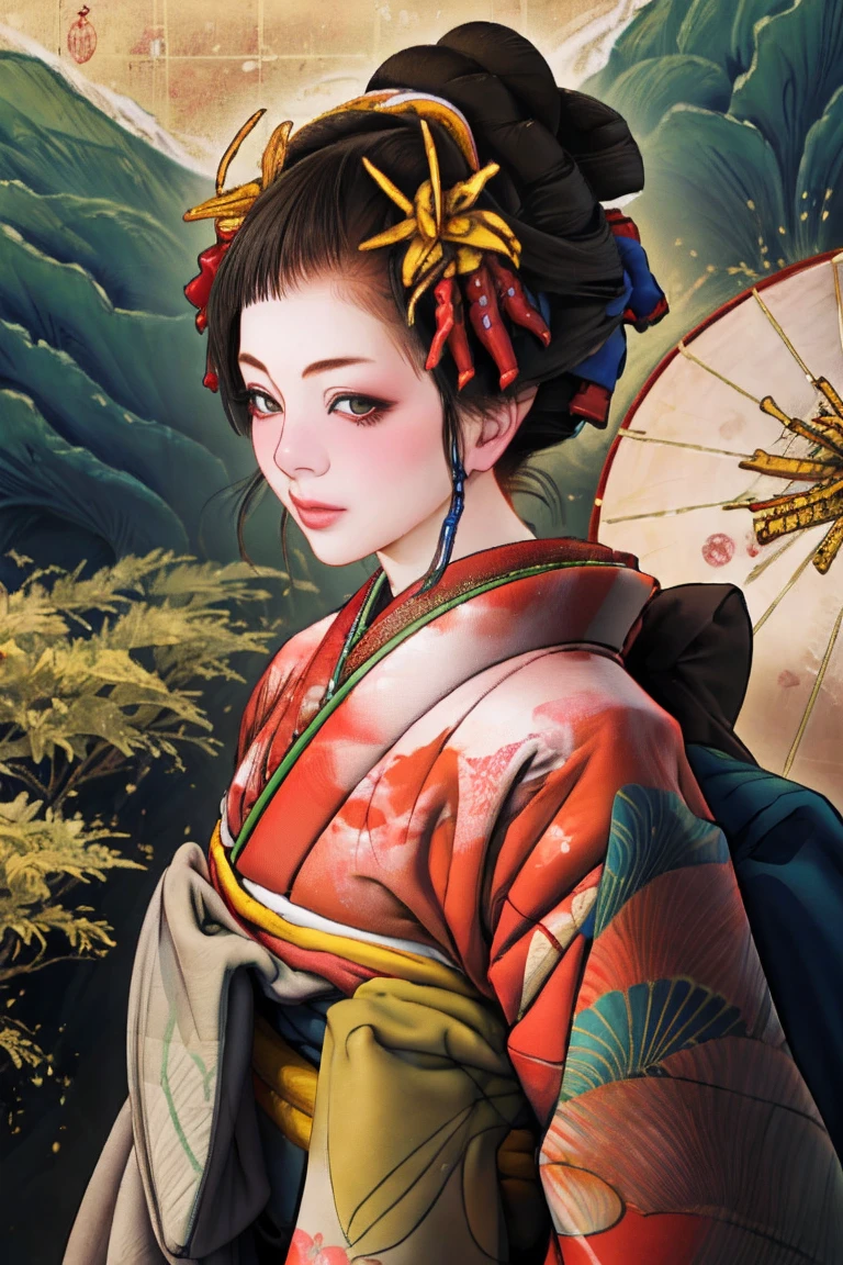 1 Girl, alone, Oiran, Maiko, country, Looking at the audience, short hair, Brown eyes, Brown Hair, Black Hair, hair ornaments, Upper Body, kimono, Blunt bangs, kimono, sash, Compensate, Bob cut hair,