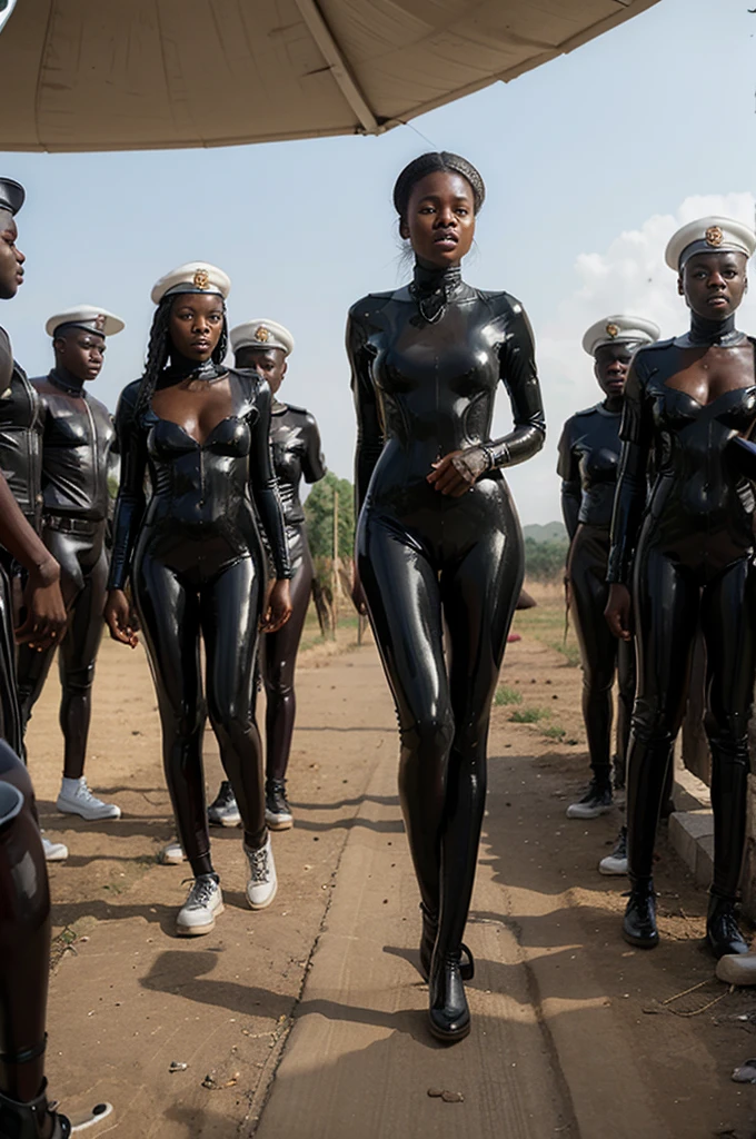a dozen african s in latex bodysuits, fearful, surrounded by white soldiers