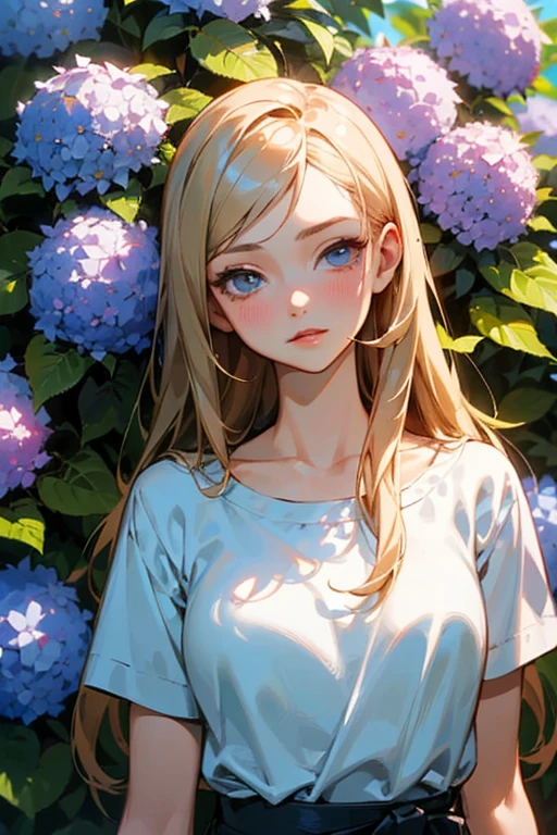 One girl with her whole body visible, (alone:1.2), (Beautifully detailed eye depiction), (Beautiful and elaborate face), Perfect female body, A neat figure, Narrow waist, (Young girl), (20-year-old), Long Hair,  Very big eyes, blue eyes, Medium chest, blush, shy, Lips are moisturized,  (Highest quality), (Super detailed), (masterpiece), (High resolution), (original), (Highly detailed CG Unity 8k wallpaper), Character Design, Game CG, Detailed manga illustration,June,hydrangea,Early summer casual outfit,Park after rain,one piece
