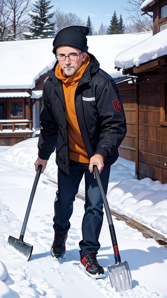 Pan to a middle- aged man shoveling snow