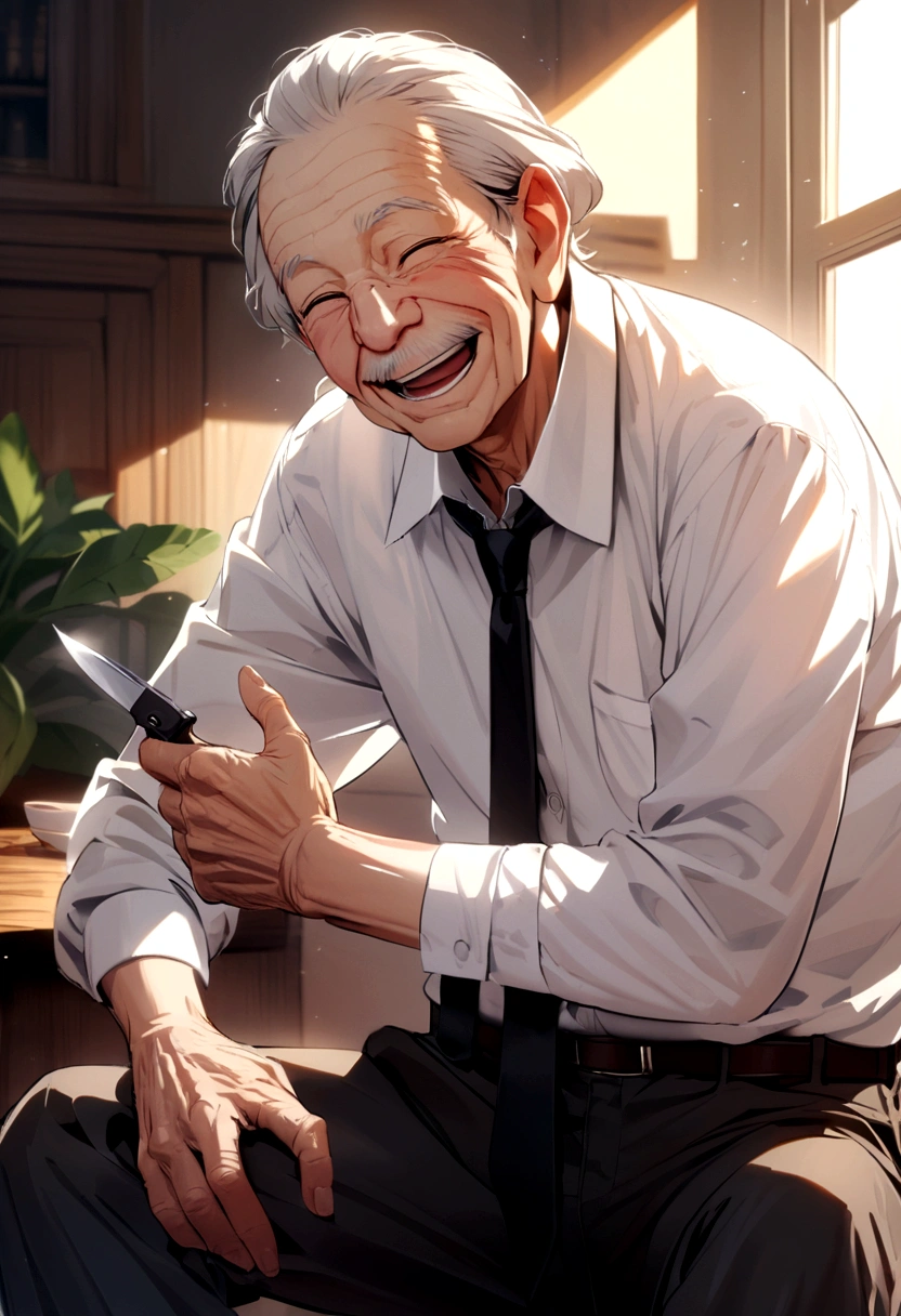 Friendly 69 year old man wearing a white shirt and black tie holding a pocket knife