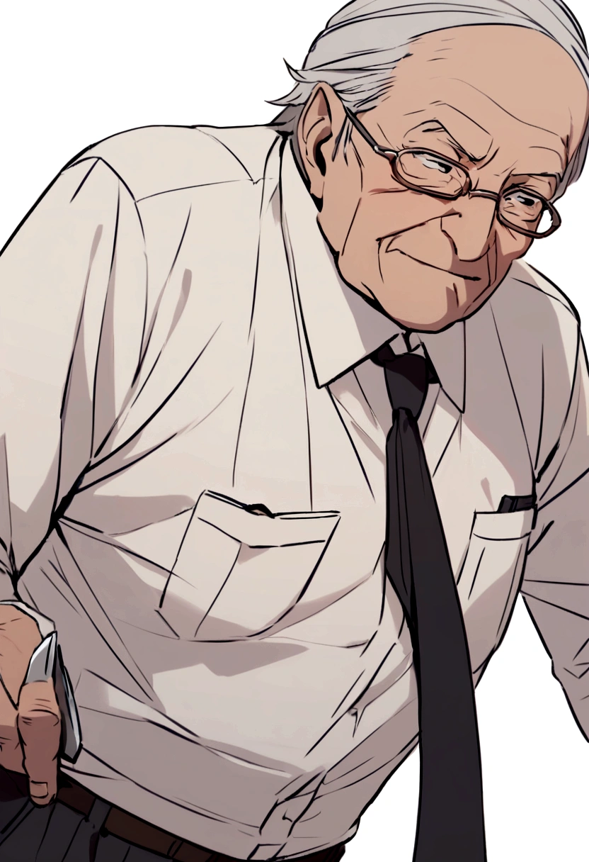 Friendly 69 year old man wearing a white shirt and black tie holding a pocket knife 