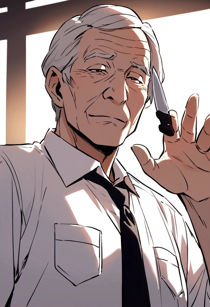Friendly 69 year old man wearing a white shirt and black tie holding a pocket knife 