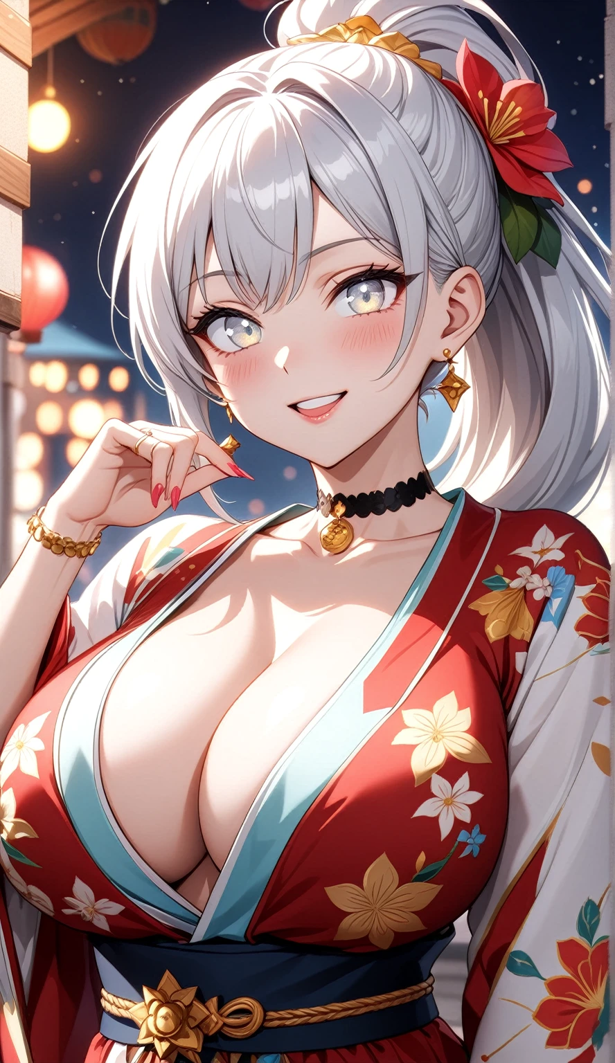 ((One personの女性)), Beautiful Face,Laughing embarrassedly,((Wink:2.1)),Laugh with your mouth wide open((Bright red cheeks:1.4)),Shiny red lips,night,rooftop,Festive decorations,You can see the ocean, firework,Laughing with your mouth open,Glossy pink lips, lighting,((Anime style background)),masterpiece, Highest quality, so beautiful,up to date, Complex details, (Pink long nails),(ring),(bracelet),(choker),AI-generated, Complex,High resolution, Highest quality, super high quality,3D Images、3D Images,One person,Long white hair,High Ponytail,(Pale eyes),Anime woman posing for a photo, ((fine grain、Silvery white colorful eyes、Shining Eyes:1.4)),(Squint your eyes:1.1),a hyperRealistic , hyperRealistic , Realistic,Anime woman with long white hair, Smooth anime CG art, A woman in a colorful kimono with gold embroidery, (Black long sleeve kimono),Red floral pattern,Long flower hair ornament,big floral earrings,Mature Body,(Big Breasts:1.1),expensive,Abdominal muscles,Tight waist,(Zoom up to face:1.7),Shooting from diagonally below