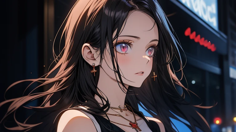 a girl with long black hair, pale skin, wearing a sleeveless black mini dress and a necklace, anime character, face in disbelief, dismissing the oddity as she walks into the mall, ultra-detailed, 8k, photorealistic, portrait, dramatic lighting, cinematic, highly detailed face, elegant, intricate details, striking pose, vibrant colors, dramatic shadows, hyper-realistic, masterpiece