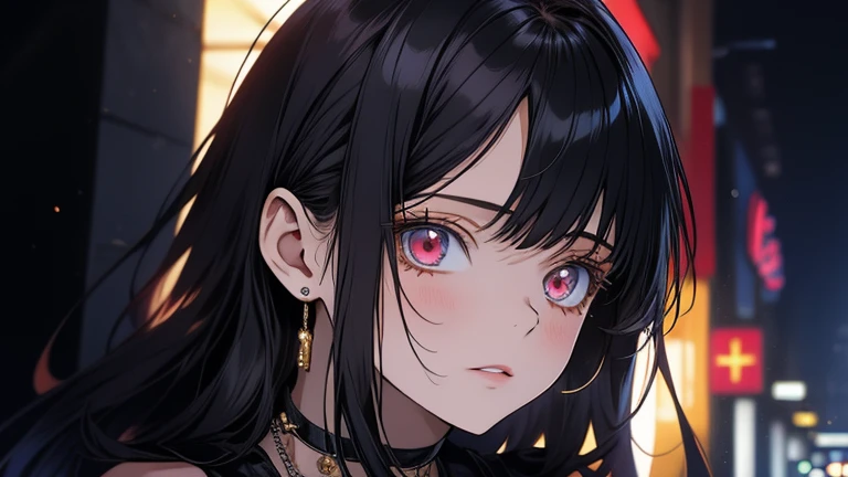 a girl with long black hair, pale skin, wearing a sleeveless black mini dress and a necklace, anime character, face in disbelief, dismissing the oddity as she walks into the mall, ultra-detailed, 8k, photorealistic, portrait, dramatic lighting, cinematic, highly detailed face, elegant, intricate details, striking pose, vibrant colors, dramatic shadows, hyper-realistic, masterpiece