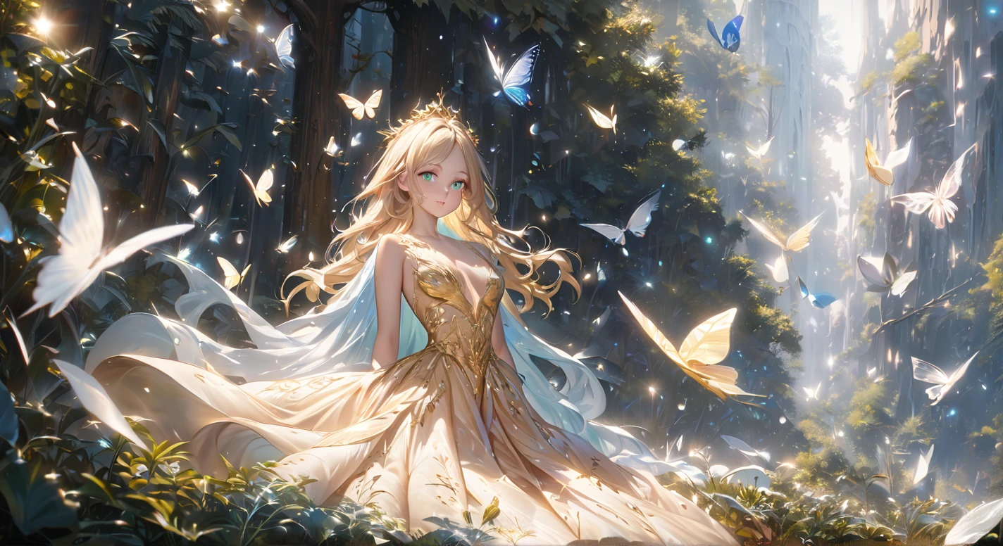 Vector, best quality, 8k, high resolution, high quality, a graceful golden-haired forest queen, dew and frost, bar lighting, stands in a sunlit clearing in winter, her hair cascading down her back, as butterflies and dandelion spores flutter around her, Beautiful Woman full head-to-toe portrait, medium full shot Portrait, perfect detailed face, detailed symmetric blue-green eyes with circular iris soft natural lighting, symmetrical, natural skin texture, soft lighting, detailed face, photorealism, soft pastel colors sparkling, looking into the camera, frosty snowy background, photorealistic painting, sharp focus, 8k, perfect composition, trending on artstation, award-winning photograph, unreal engine 5, cinematic smooth, intricate detail, studio photo, highly detailed. simple background, gold filigree dress hyper-detail, gesturing to the sun, flowing golden gown, nice body, {{full body}}, Davinci, hair with dew and frost, sunlit, sparkles all over gown, and frost, hyper-detailed dress and hair, pink blue and yellow butterflies.