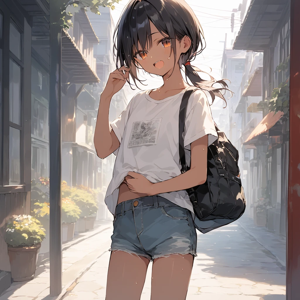 score_9, score_8_up, score_7_up, source_anime, best quality, masterpiece, official art, absurdres, highres, ultra-detailed,waifu2x,Collection: Slice of Life,break,1girl, tomboy, dark-skinned female, short hair, low ponytail, flat chest, beautiful detailed eyes, short shorts, sweat, open mouth, (yawn:0.3), sleepily, outdoors, wind, break,(clear line illustration:1.2),very high resolution, very aesthetic, super detailed skin, Best sexual lighting powered by famous artist, 8k,cute picture,beauty illustration,photoshop_(medium),,(Detailed Lighting),best anime 8k konachan wallpaper, pixiv contest winner,