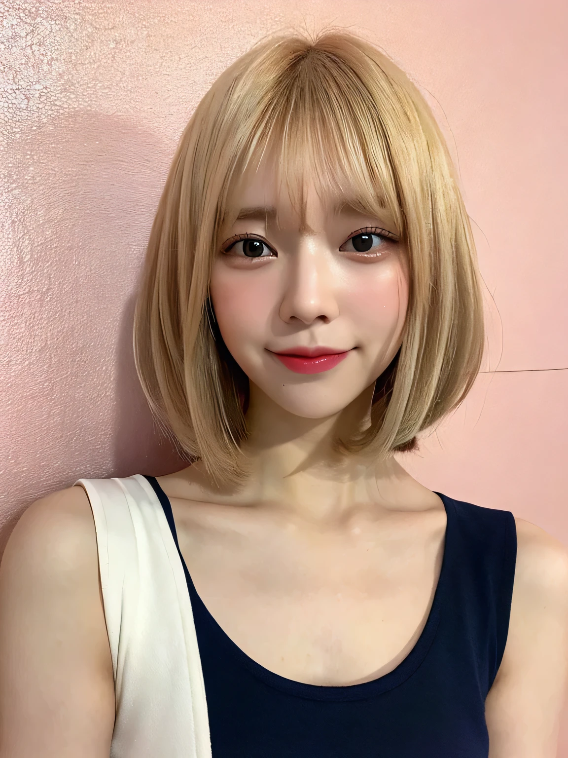 One person、12 years old、Blonde、Blonde、Full body photo、slender、woman、White drool coming out of the mouth、smile、Short Bob Cut、 Fair skin, messy hair, super cute、Soft and Face、8K resolution、Surreal、Ultra high definition、 A-cup small breasts((Highest resolution、8K、masterpiece:1.3))、Ultra-fine face、Ultra Fine Lips、Beautiful Eyes、double eyelid,Pink wall、Red tie、Sleeveless navy blue shirt、Navy Blue Skirt、Thighs、thin,Thighsが見える、Shapely small breasts、