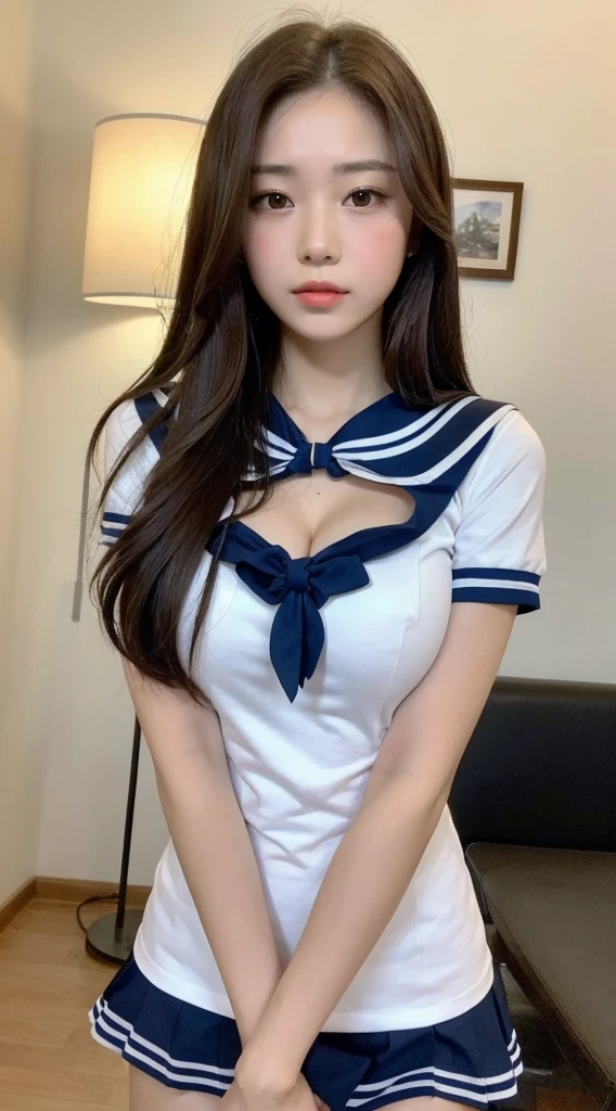 ((Best quality, 8k, Masterpiece :1.3)), Whole body, Sharp focus :1.2, A pretty woman with perfect figure :1.4, Slender abs :1.2, ((Dark brown hair, Big breasts :1.2)), body dress :1.1, Highly detailed face and skin texture, Detailed eyes, Double eyelid, Small Bust, sailor uniform,  cleavage, Interior Scene, high school