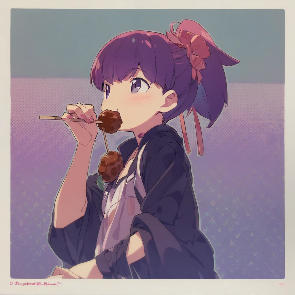 A  eating a meatball skewer