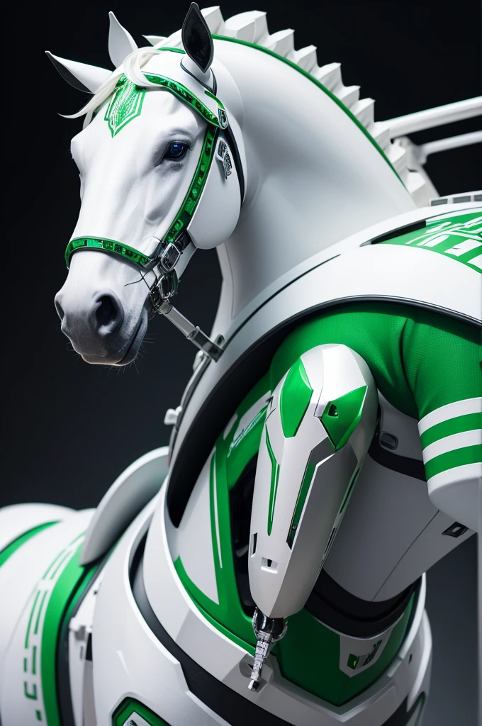 Robotic horse with white armor and metallic green details 