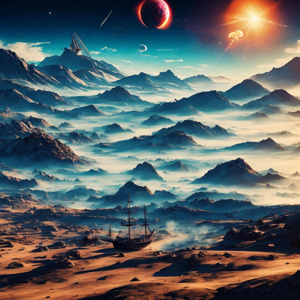 you are a surrealist artist create a picture of a wasteland with a sailing ship sailing among the mountains, nebulae and planets in the background