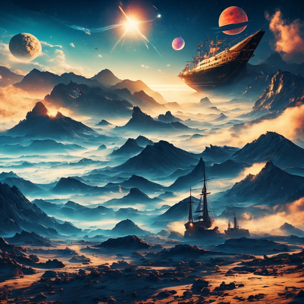 you are a surrealist artist create a picture of a wasteland with a sailing ship sailing among the mountains, nebulae and planets in the background