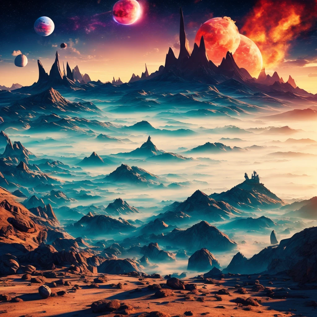 you are a surrealist artist create a picture of a wasteland with a sailing ship sailing among the mountains, nebulae and planets in the background