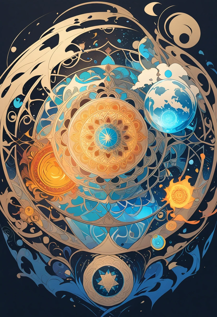 logotype, (((magic))), Earth, water, fire, Wind, magic circles, Mandala, Abstract, fractal, pattern, yellow, creative, Art Station, vector, Golden Ratio