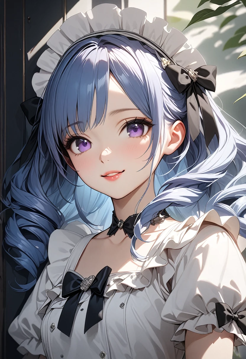 Korean,Realistic, masterpiece, Final details, photo Realistic, Exquisite detail, Octane Rendering, 8K, One girl, Perfect face, Beautiful Face, nswf Japanese, Trough Reference, Hair Details,, black bow, black gloves, Black Legs, blue eyes, Blue Hair, bow, clavicle, dress, Drill Hair, Frills, Frills, gloves, Gwen, headdress, High resolution, Long Hair, Part your lips, Puffy sleeves, Purple eyes, smile, alone, white dress, Oilskin,