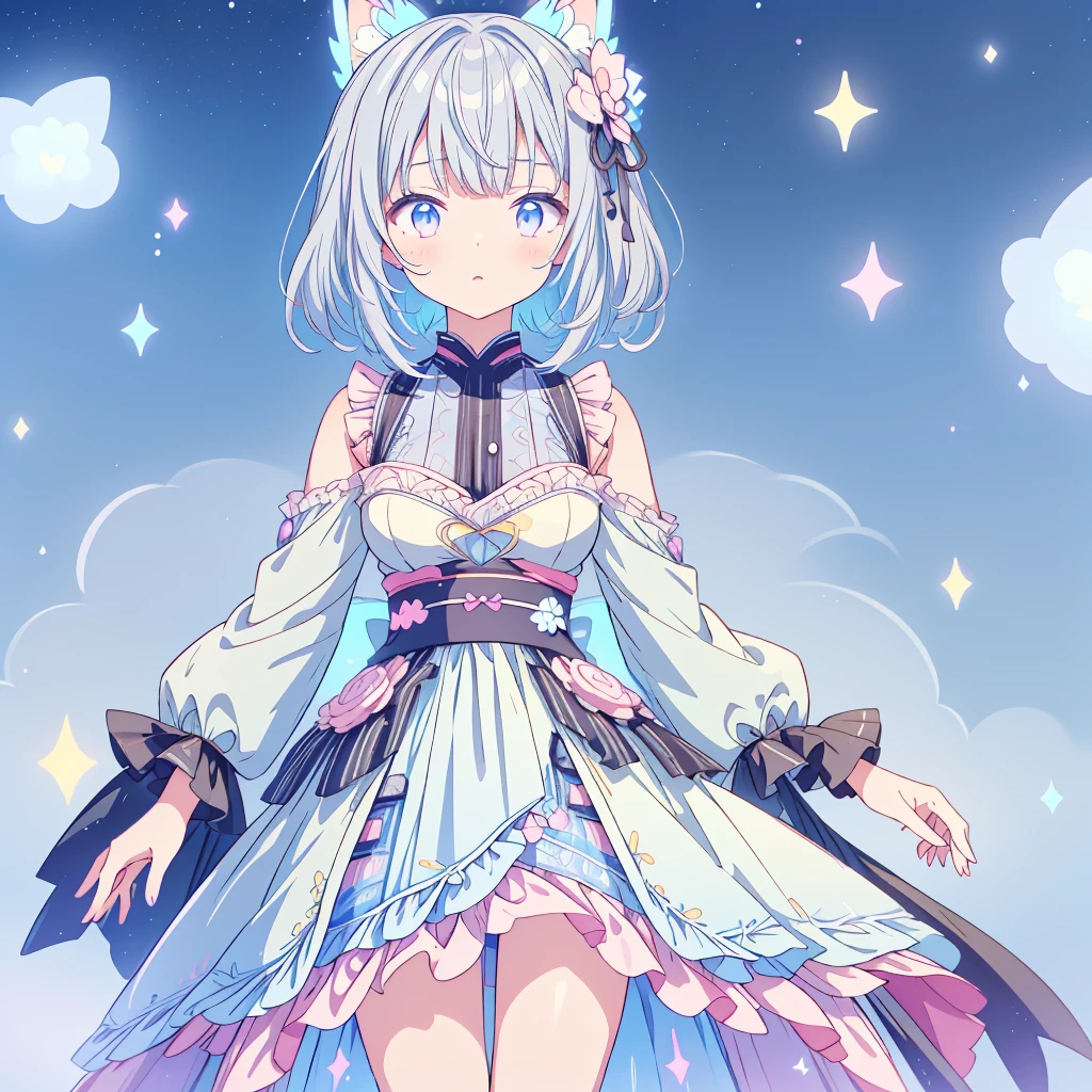 VTuber - whole body、Character design sheet、Transparent pastel colored little fairy wings、Gray hair and blue inner color、A beautiful girl wearing a remade black and white yukata、A frilly prostitute dress with a pattern reminiscent of the Milky Way and space.、Vtuber model