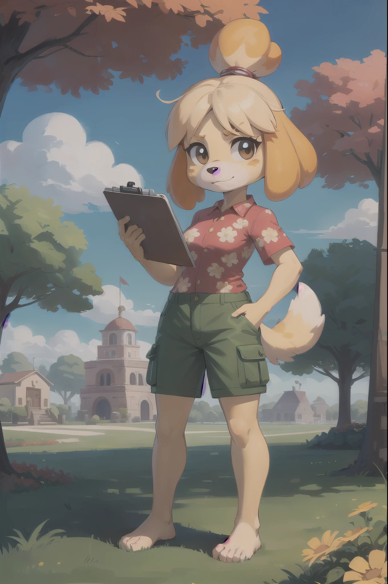 isabelle \(animal crossing\), furry, yellow skin, ((red floral shirt, cargo shorts)), tail, looking at viewer, serious, standing, outside, plaza, holding clipboard, trees, blue sky, high quality, masterpiece, feets with three toes, 3 toes, barefoot, full body,