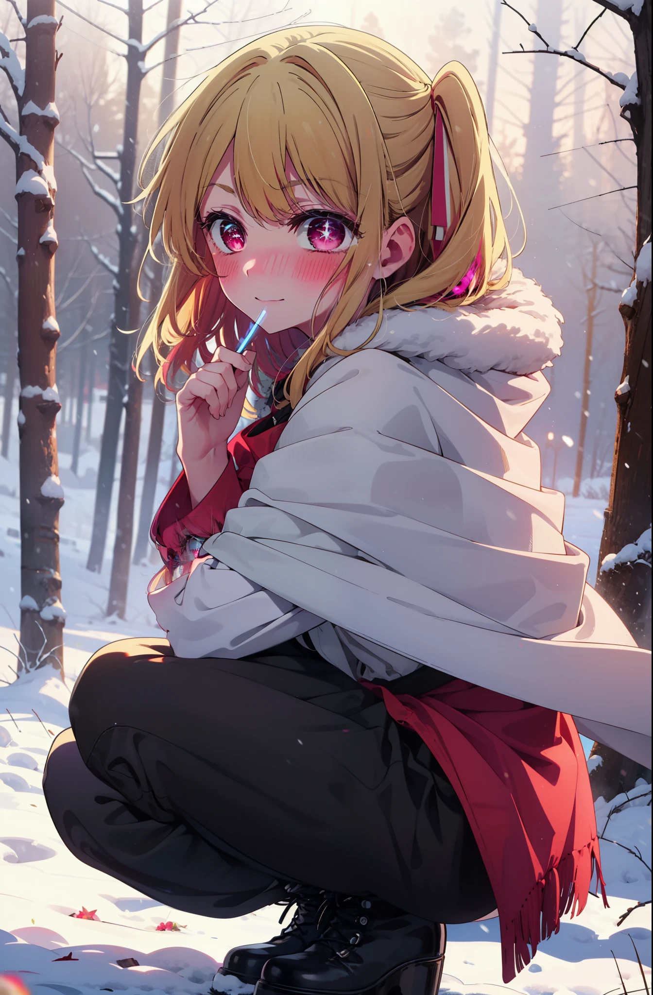 rubyhoshino, Hoshino Ruby, Long Hair, bangs, Blonde, (Pink Eyes:1.3), Side Lock, (Symbol-shaped pupil:1.5), Multicolored Hair, Two-tone hair, smile,,smile,blush,White Breath,
Open your mouth,snow,Ground bonfire, Outdoor, boots, snowing, From the side, wood, suitcase, Cape, Blurred, , forest, White handbag, nature, Squat, Mouth closed, Cape, winter, Written boundary depth, Black shoes, red Cape break looking at viewer, Upper Body, whole body, break Outdoor, forest, nature, break (masterpiece:1.2), Highest quality, High resolution, unity 8k wallpaper, (shape:0.8), (Beautiful and beautiful eyes:1.6), Highly detailed face, Perfect lighting, Highly detailed CG, (Perfect hands, Perfect Anatomy),
