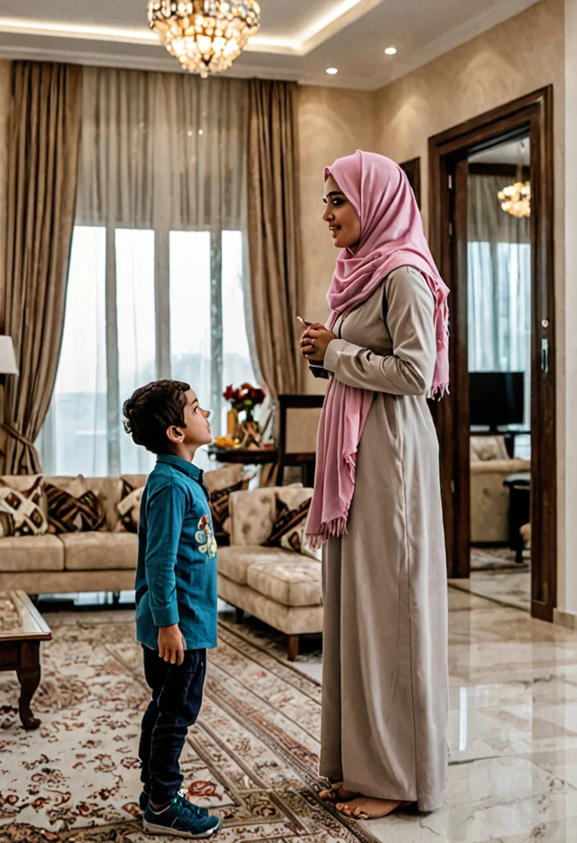 Kurdish girl Fatıma Kareem in hijab talking with a her son in luxury house view from side 