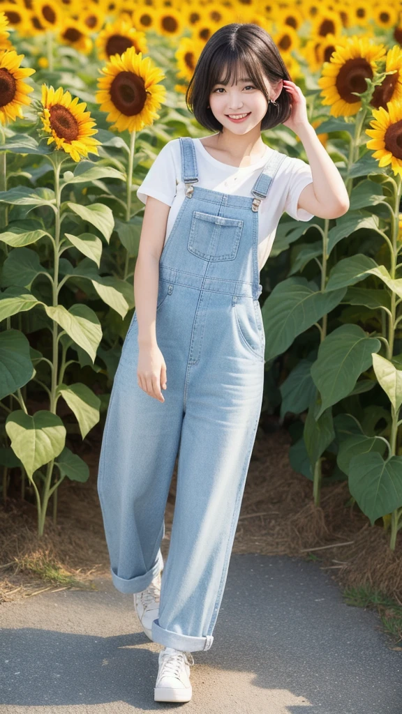 (8K, Realistic, RAW Photos, Highest quality: 1.4),Japanese idol-style beautiful girl,1 person,18-year-old,Hairstyle(Short Bob,White :1.4),She has her hair tucked behind her ears,My hair is blowing in the strong wind,Large, clear grey eyes,Long eyelashes,She has small piercings in her ears,Plump Cheeks,Fuller lips,White camisole,Long overalls,The hem is folded,shoes,Sunflower field,Smiling at the camera,Front view,Full body portrait