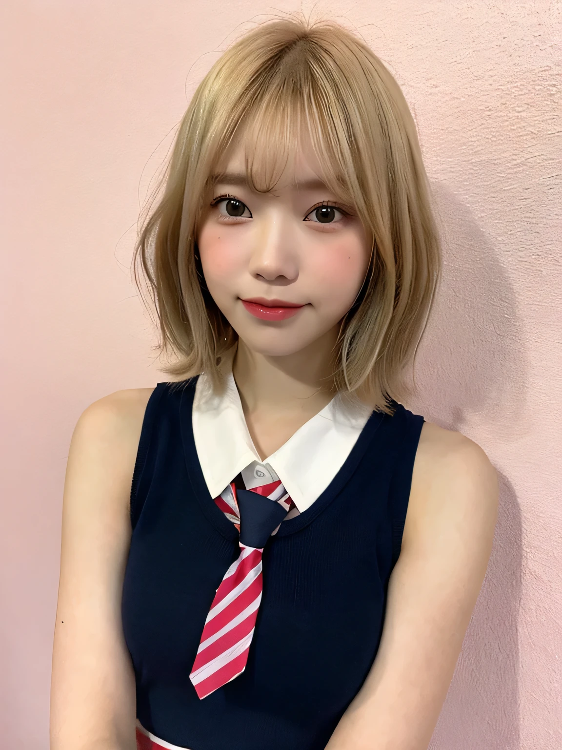 One person、、Blonde、Blonde、Full body photo、slender、woman、White drool coming out of the mouth、smile、Short Bob Cut、 Fair skin, messy hair, super cute、Soft and Face、8K resolution、Surreal、Ultra high definition、 A-cup small breasts（（Highest resolution、8K、masterpiece：1.3））、Ultra-fine face、Ultra Fine Lips、Beautiful Eyes、double eyelid,Pink wall、Red tie、Sleeveless navy blue shirt、Navy Blue Skirt、Thighs、thin,Thighsが見える、Shapely small breasts、